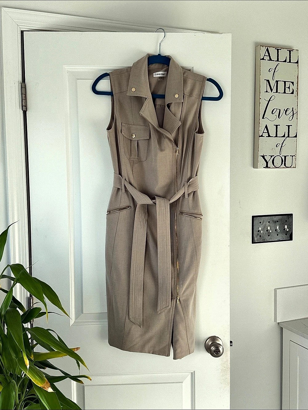 Calvin Klein Moto Belted Sleeveless Sheath Dress Brown Size 6